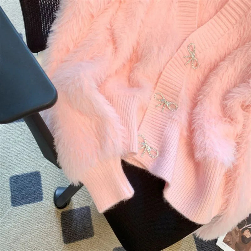 2026 Spring Autumn Women's Sweater Cardigan Jacket New Loose V-neck Imitation Mink Fur Sweater Jacket Female Knitted Tops Coat