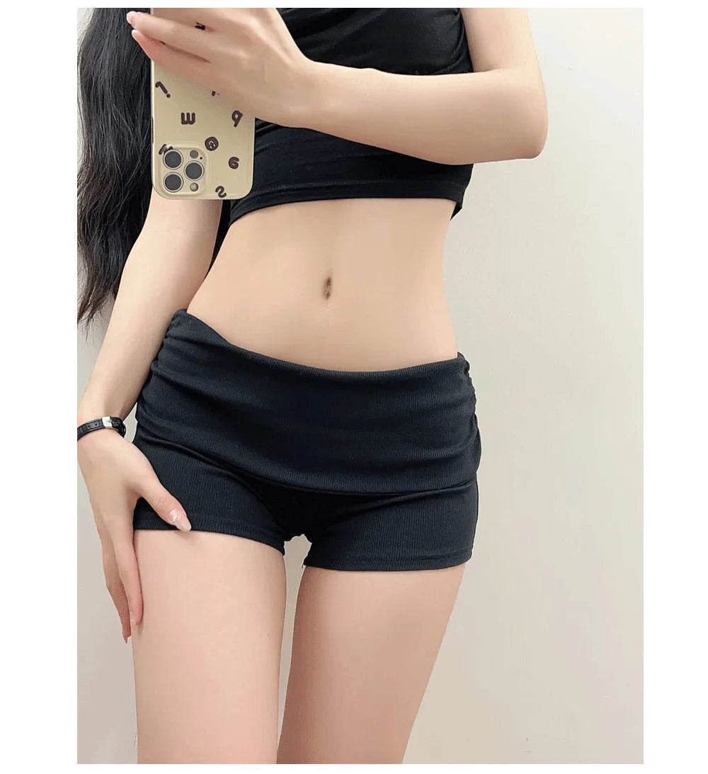 Summer Slim Yoga Shorts Women Casual Solid Color Fold Over Low Waist Lounge Shorts