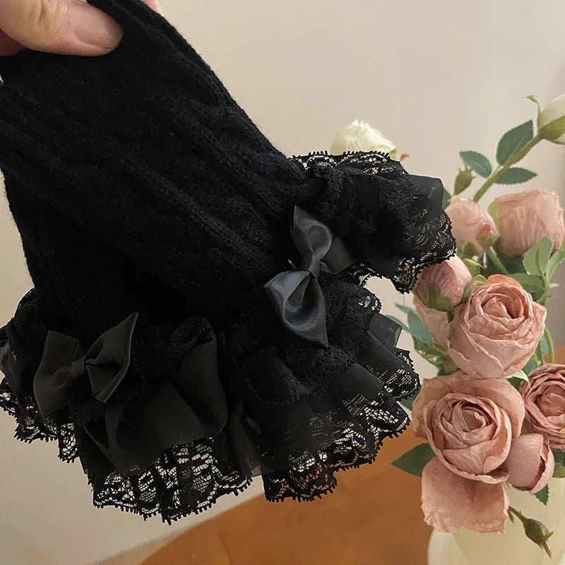 Lolita Lace Fall Winter Warm Sleeves Knitted Cute Fairy Bow Teenage Hand Sleeves Mittens Women