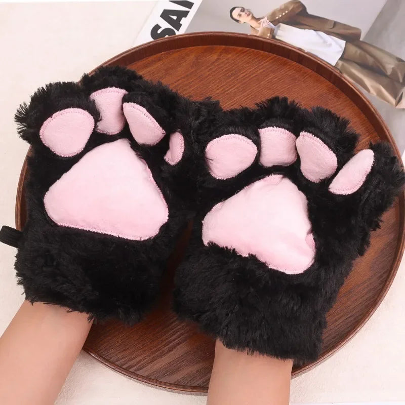 Cute Plush Cat Claw Gloves Large Size Women Halloween Christmas Party Cosplay Girls Winter Plush Fluffy Warm Full Finger Mitten