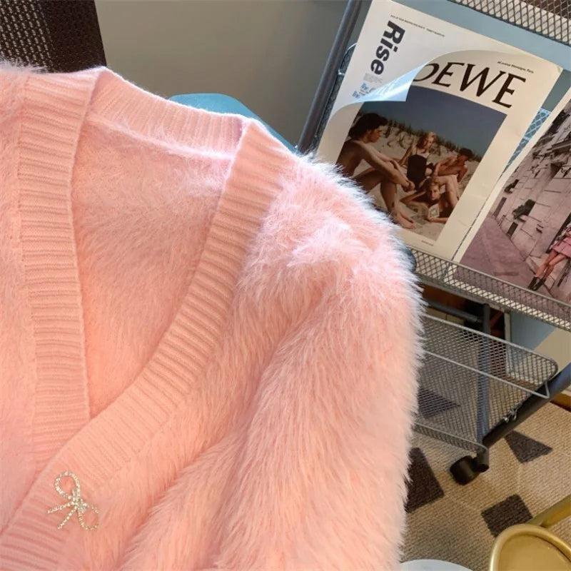 2026 Spring Autumn Women's Sweater Cardigan Jacket New Loose V-neck Imitation Mink Fur Sweater Jacket Female Knitted Tops Coat