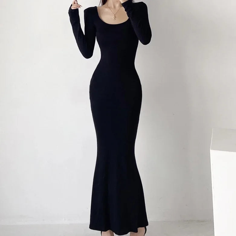 Elegant High-Waisted Fishtail Long Dress - Slimming Autumn Chic