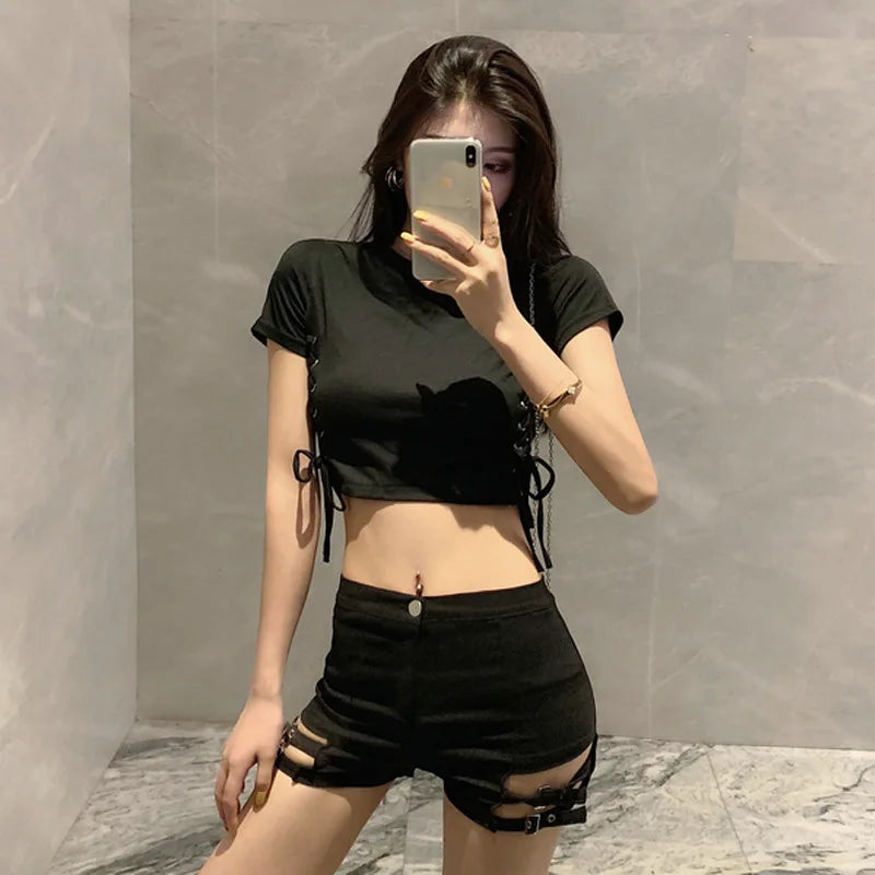 High-Waist Elastic Slimming A- Line Short Shorts Women's Belted Summer 2025 Fashion Trendy Polyester Hot Pants Casual Style