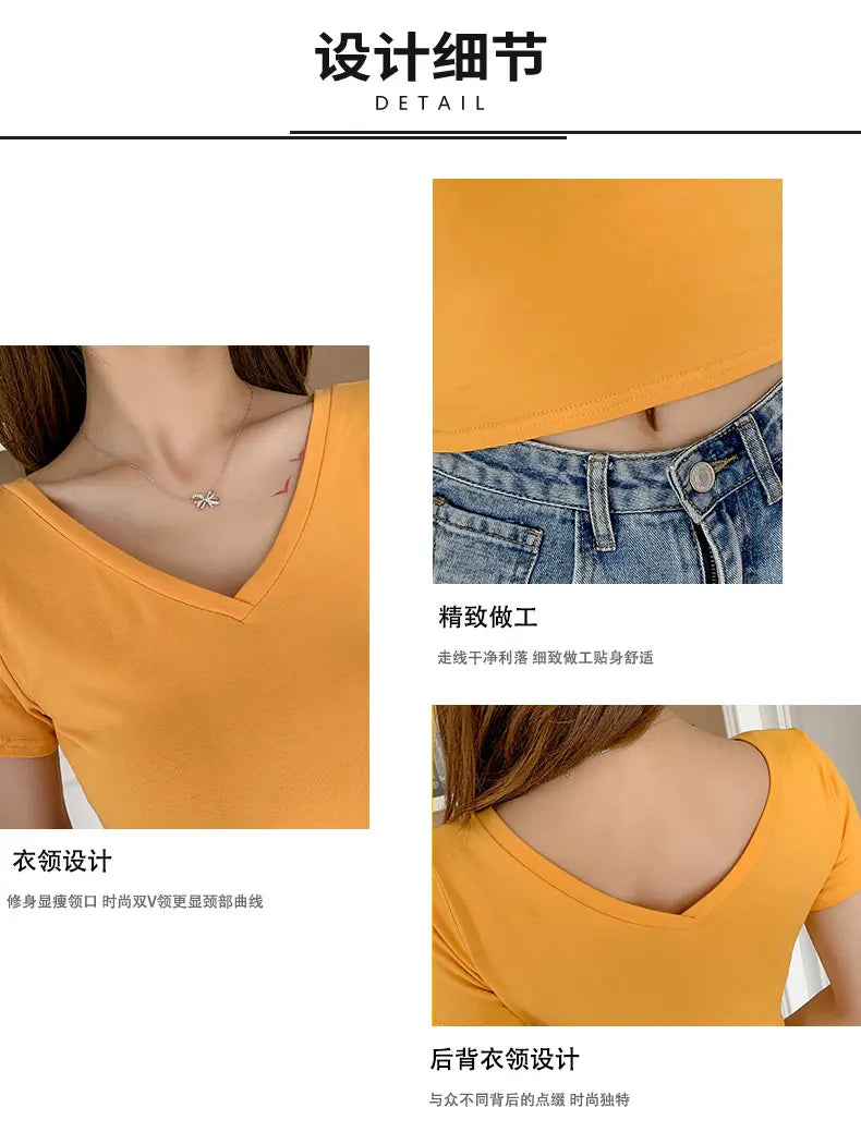 Summer Fashion Solid V Neck T Shirts Women Short Sleeve Sexy Crop Tops Ladies Casual Tees Top Tees Female Black Cotton T-Shirts
