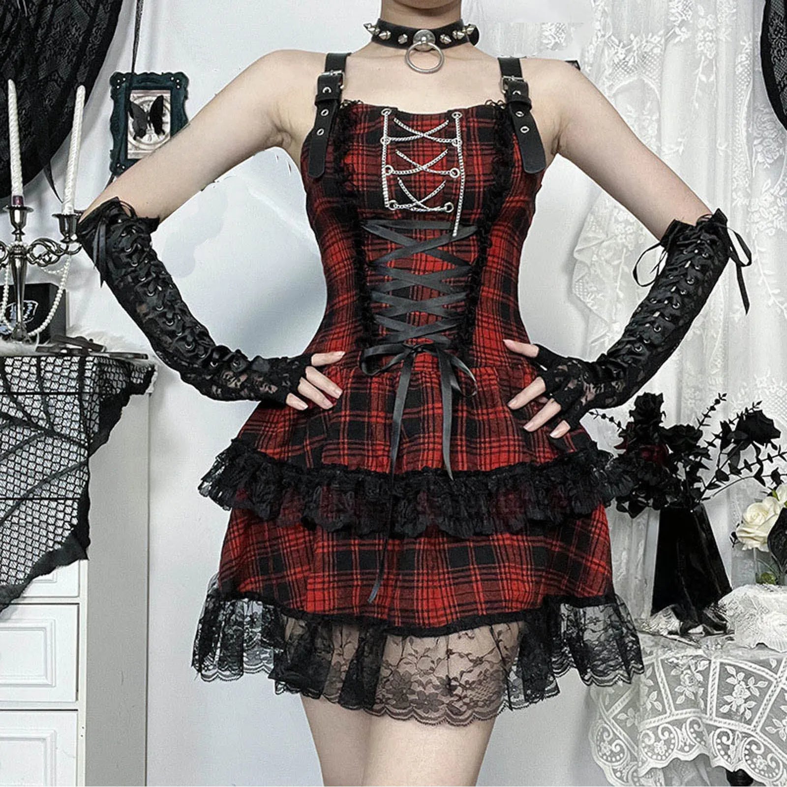 Y2K Gothic Plaid Lace Party Dress | Women's Halloween Style