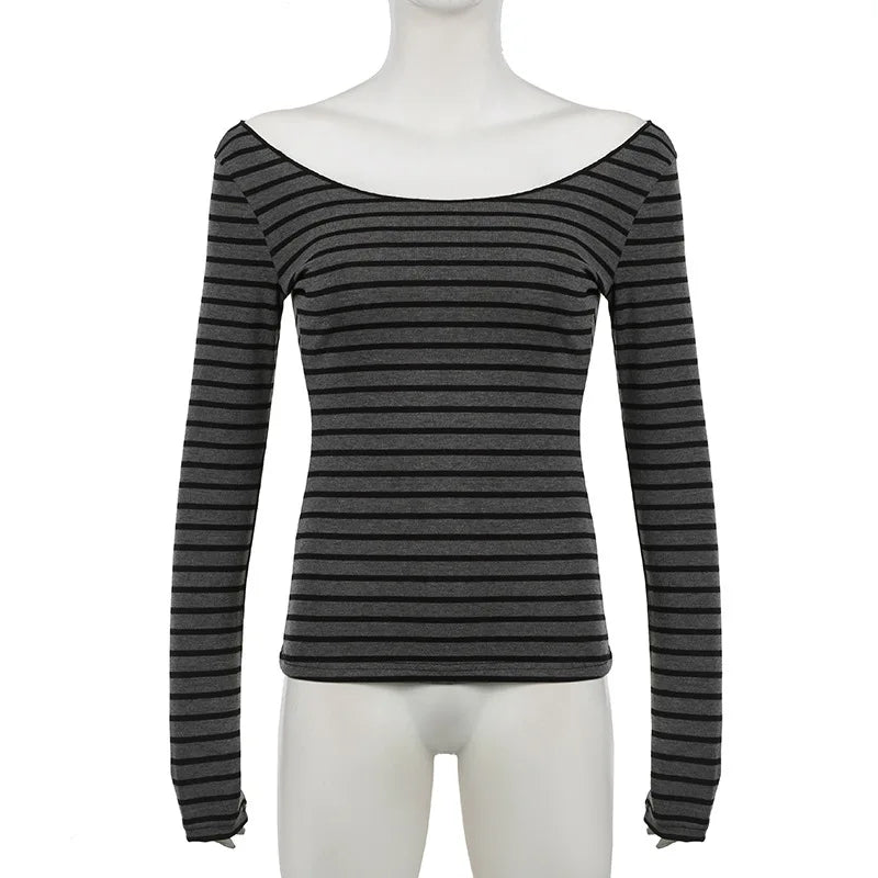 Harajuku Basic Slim Long Sleeve Stripe Tee Off Shoulder O Neck Korean Street Style Spring Autumn Y2K Women's Gray T Shirt
