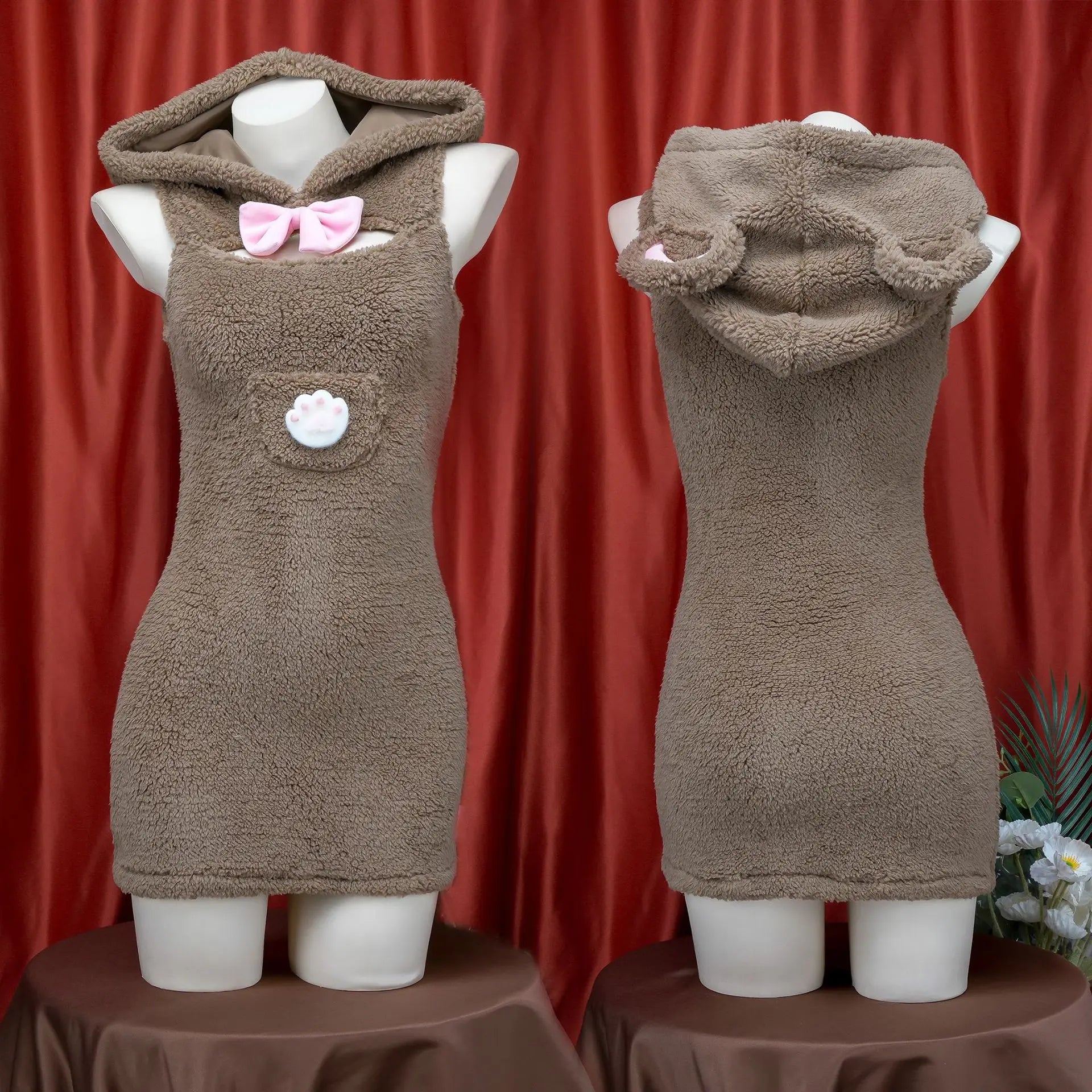 White Fluffy Bear Ear Sleep Dress | Cute Hooded Loungewear Set