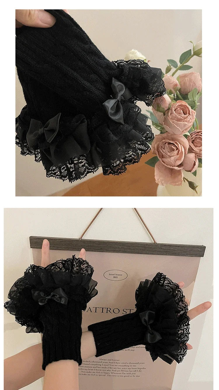 Lolita Lace Fall Winter Warm Sleeves Knitted Cute Fairy Bow Teenage Hand Sleeves Mittens Women