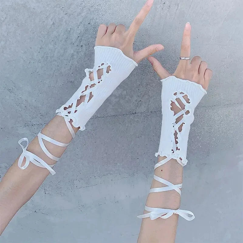 Women Thin Elastic Lace Mesh Bow Lolita Girl Cute Style Driving Glove Female Summer Sunscreen Anti-UV Wedding Dress Mitten