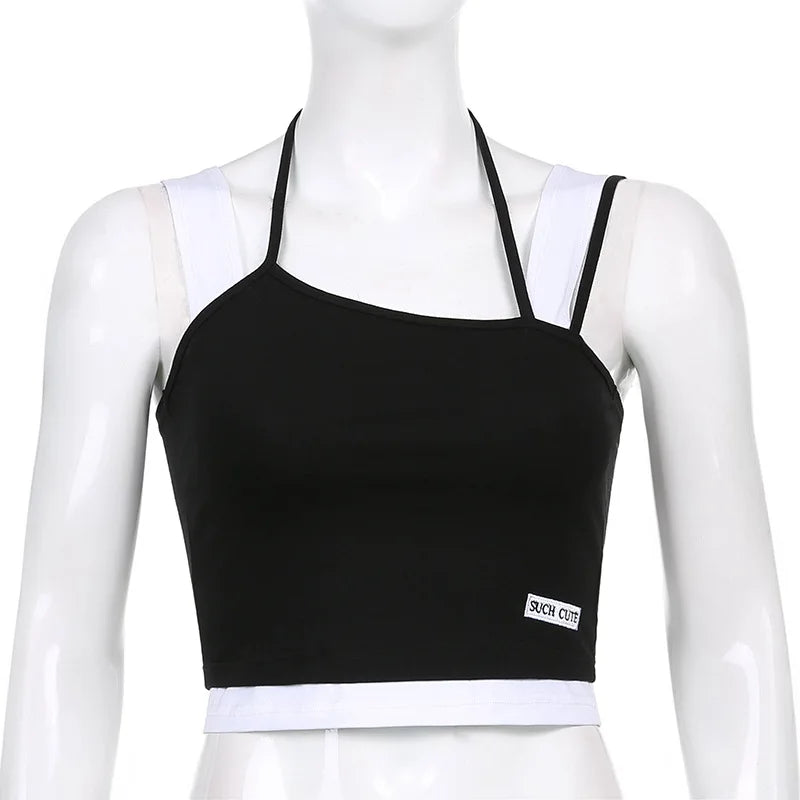 Women Hollow Out Black Y2K Tees Sleeveless Skinny Tops Cool Punk T-shirts Techwear 2024 Spring Summer New Sexy Crop Top