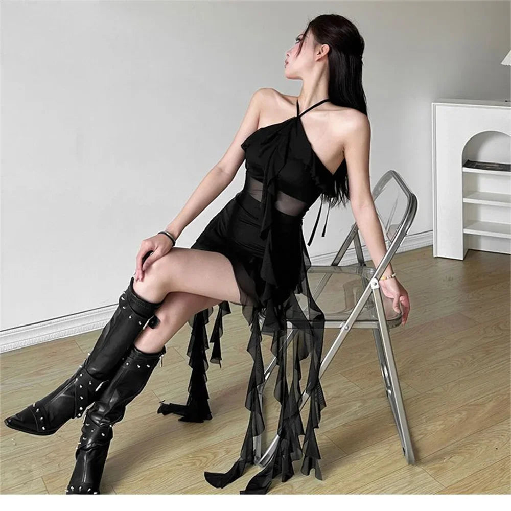 Vintage Halter Ruffled Mini Dress | Elegant Party Style