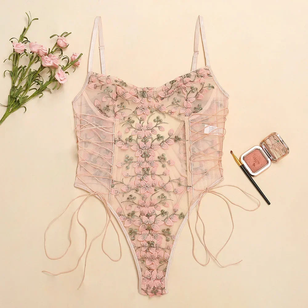 Exotic Floral Lace Bodysuit | Sexy Deep V Backless Lingerie