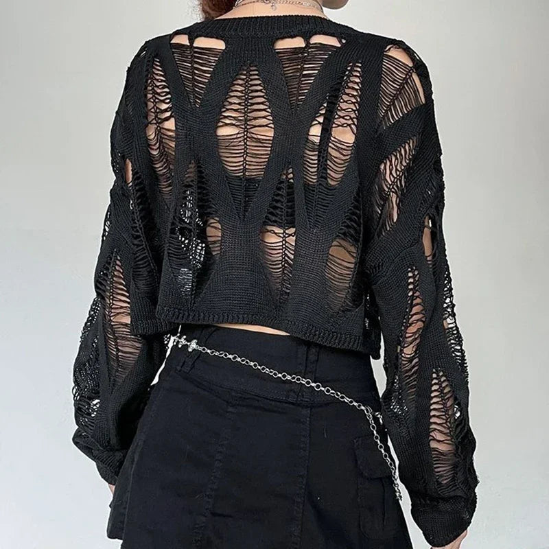 Women Hole Hollow Out Y2K T-shirts Batwing Sleeve Knitted Shirt for Women Punk Loose Streetwear Tops Spring Autumn 2026