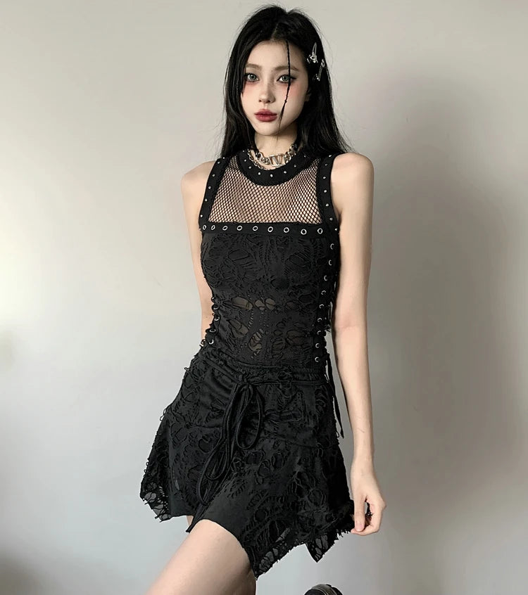 Gothic Y2k 2 Piece Set Hollow Out Lace Spliced Tank Crop Top Women Lace-up Waisted Irregular Mini Skirt 2025 Aesthetic Harajuku