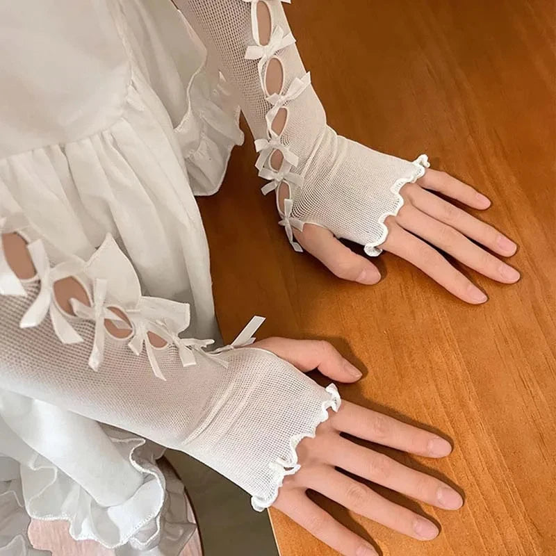 Women Thin Elastic Lace Mesh Bow Lolita Girl Cute Style Driving Glove Female Summer Sunscreen Anti-UV Wedding Dress Mitten