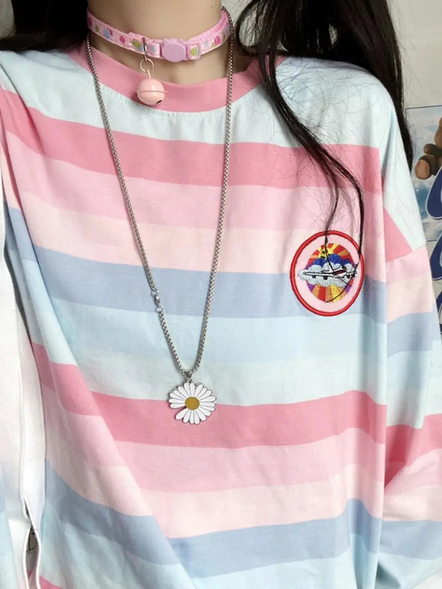 Loose Long Sleeve Striped T-Shirt Women's Base Shirt Student Style Korean Version Autumn New Arrival Female Top round Neck