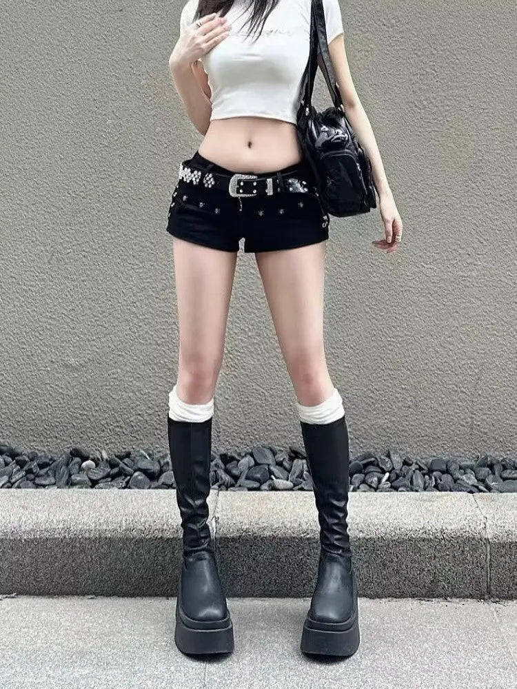 American Spice Girl Y2k Shorts Black 2025 Summer New Sexy Low Waist Hip Wrap Willow Nail Denim Super Shorts Women