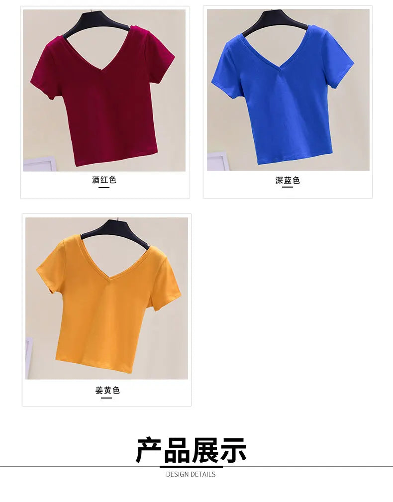 Summer Fashion Solid V Neck T Shirts Women Short Sleeve Sexy Crop Tops Ladies Casual Tees Top Tees Female Black Cotton T-Shirts