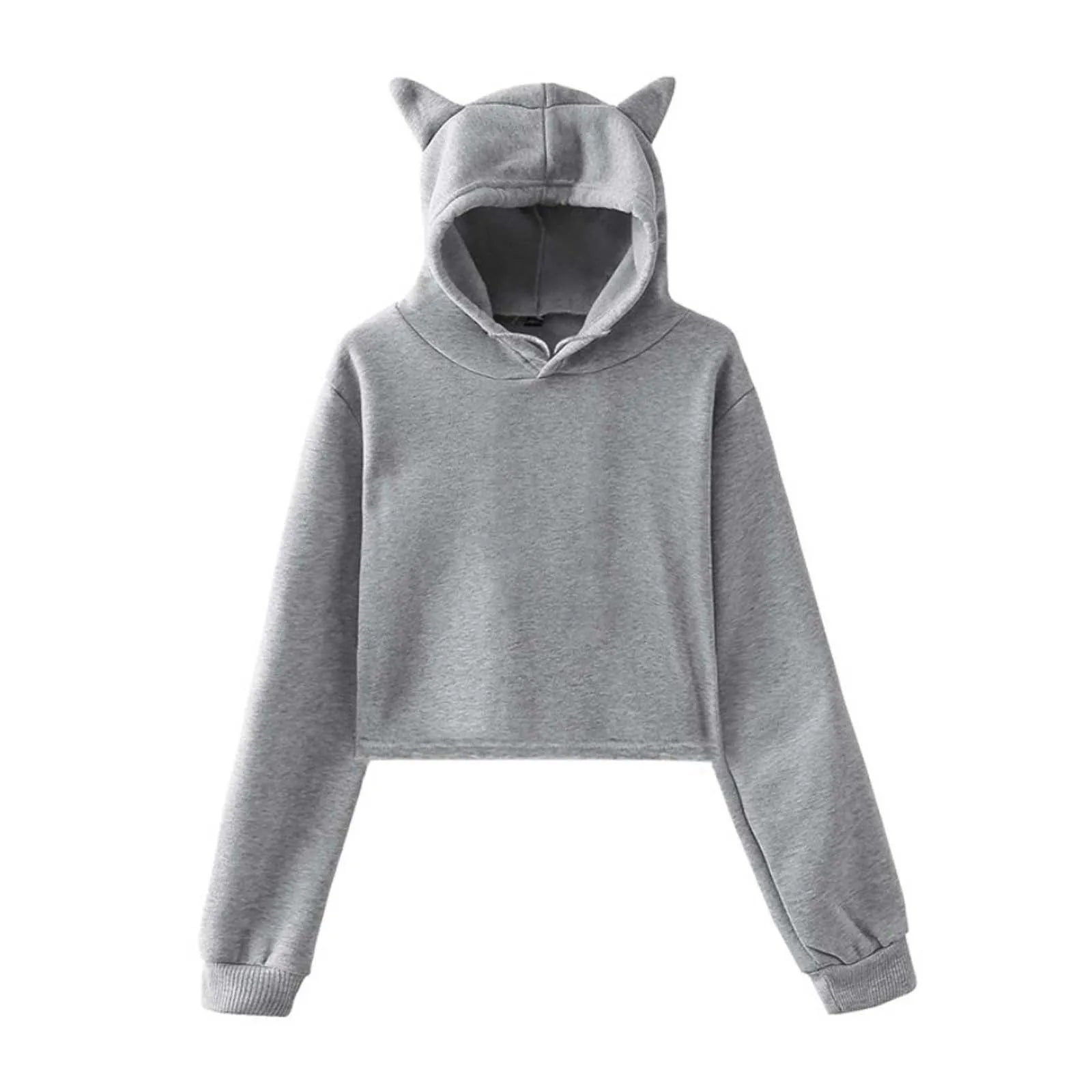 Women Sexy Short Hoodies Long Sleeve Fashionable Solid Color Cat Ear Cute Hooded Sweatshirt Autumn Spring Casual Crop Top Coat