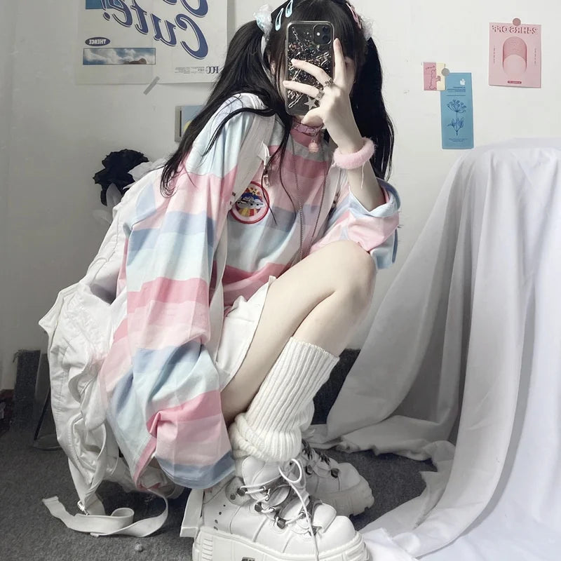 Loose Long Sleeve Striped T-Shirt Women's Base Shirt Student Style Korean Version Autumn New Arrival Female Top round Neck