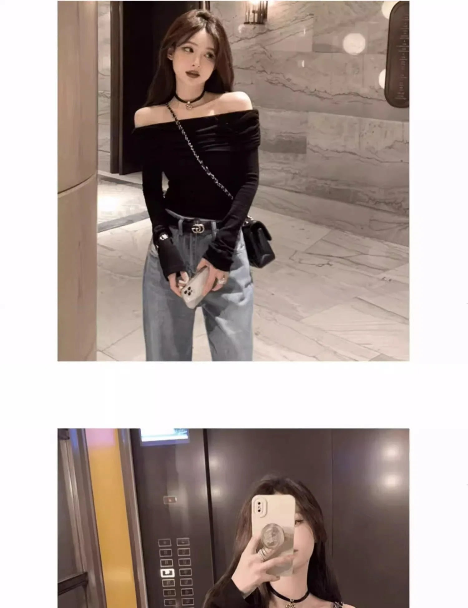 Black Shoulder-Bared Long Sleeve Knitted Sweater Women's Autumn New Style Slim Fit Inner Wear Base Top Korean Style Commute F...