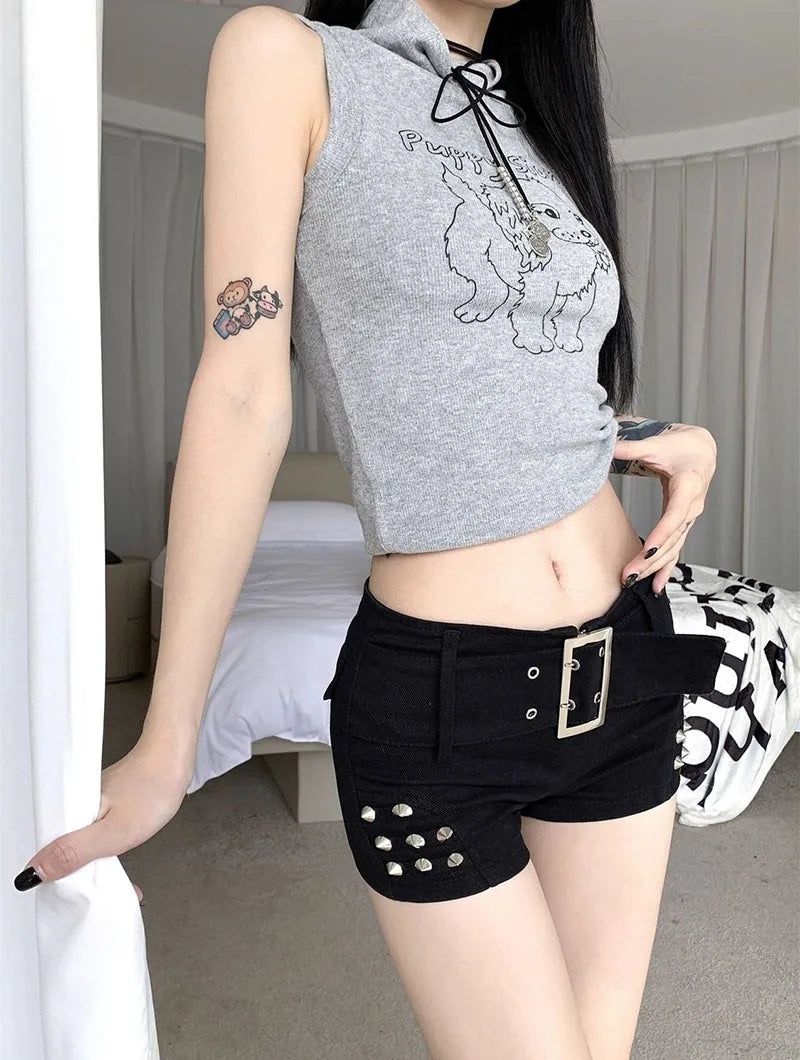 Black Y2K Low Rise Denim Shorts Slim Fit Gothic Jean Shorts