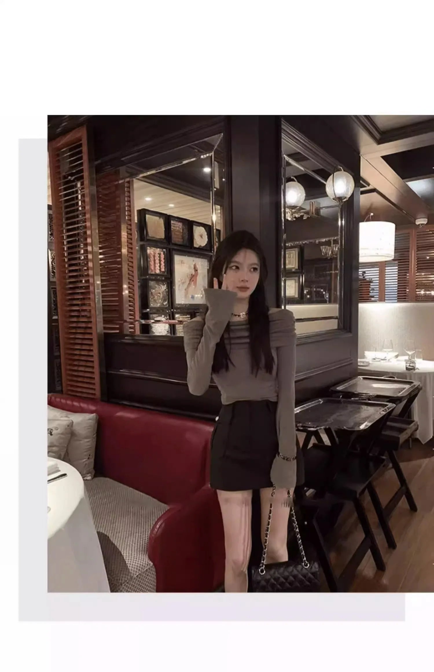 Black Shoulder-Bared Long Sleeve Knitted Sweater Women's Autumn New Style Slim Fit Inner Wear Base Top Korean Style Commute F...