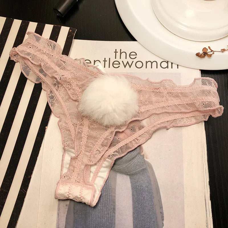 Lace Mesh Rabbit Tail Thongs | Sexy Low-Rise Lingerie