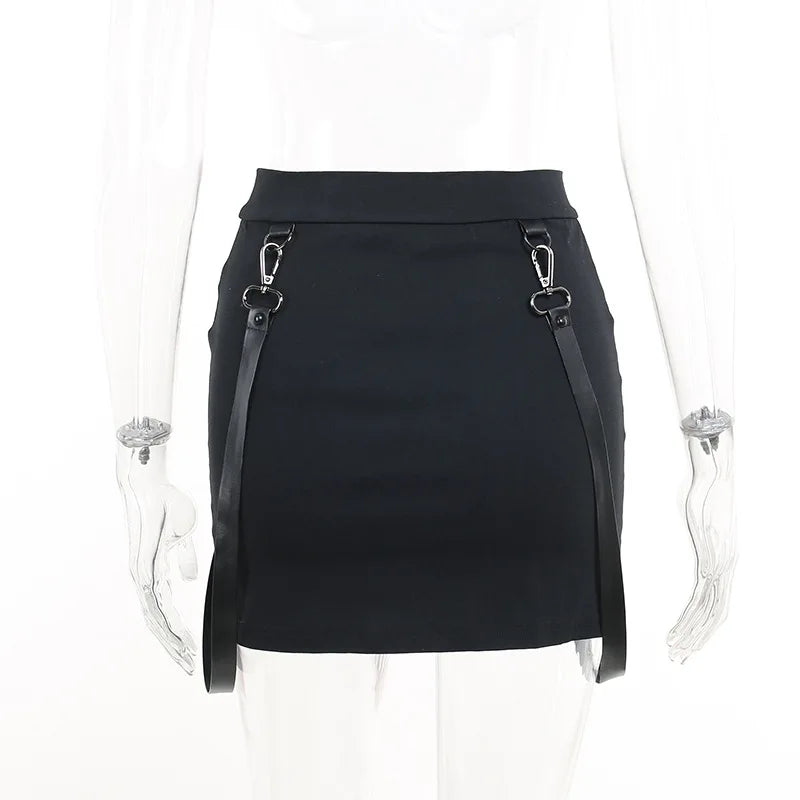 Gothic Zip Split Sexy Women Mini Skirts Grunge Strap Black High Waist Pencil Skirt Punk E-girl Alt Party Clubwear