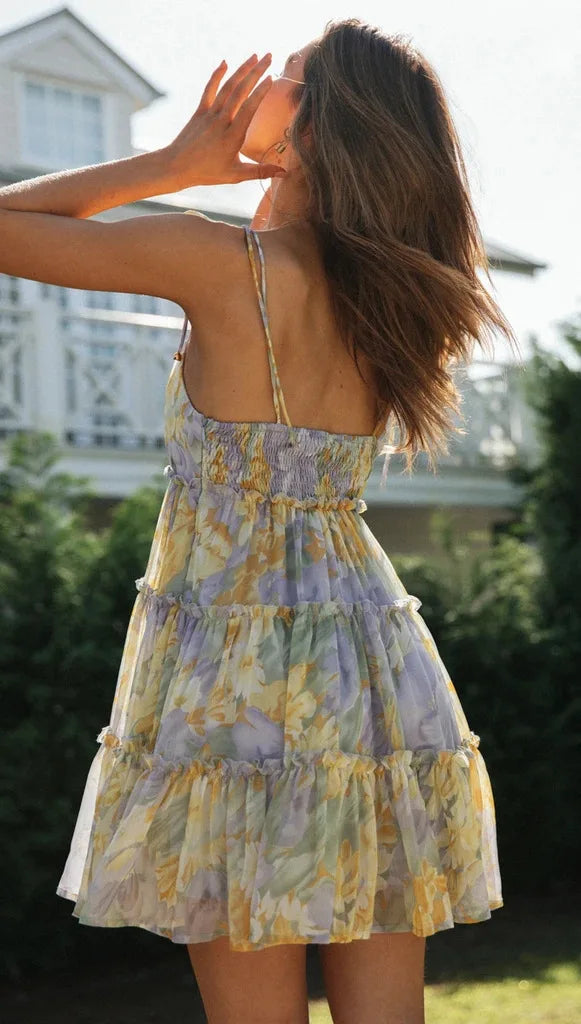 Vintage Floral Backless Mini Dress | Summer Spaghetti Strap