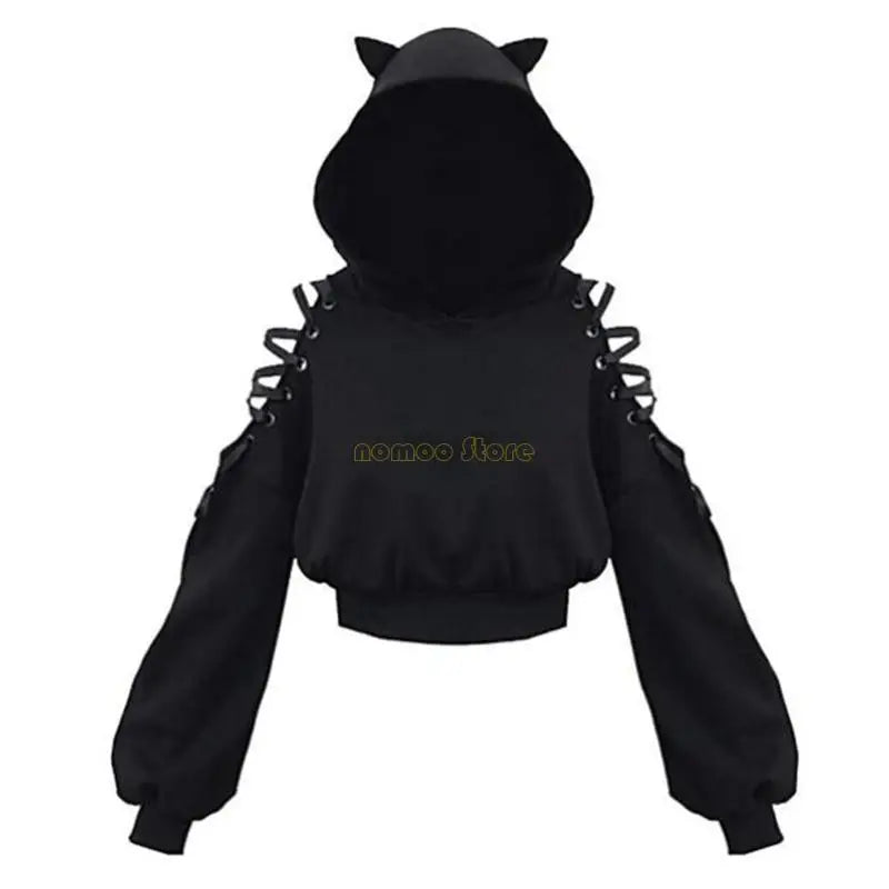 31BF Womens for Cat Ears Long Sleeve Hoodies Hollow Out Cold Shoulder Lace-Up Loose Crop Top Harajuku Graphic Sweatshirt