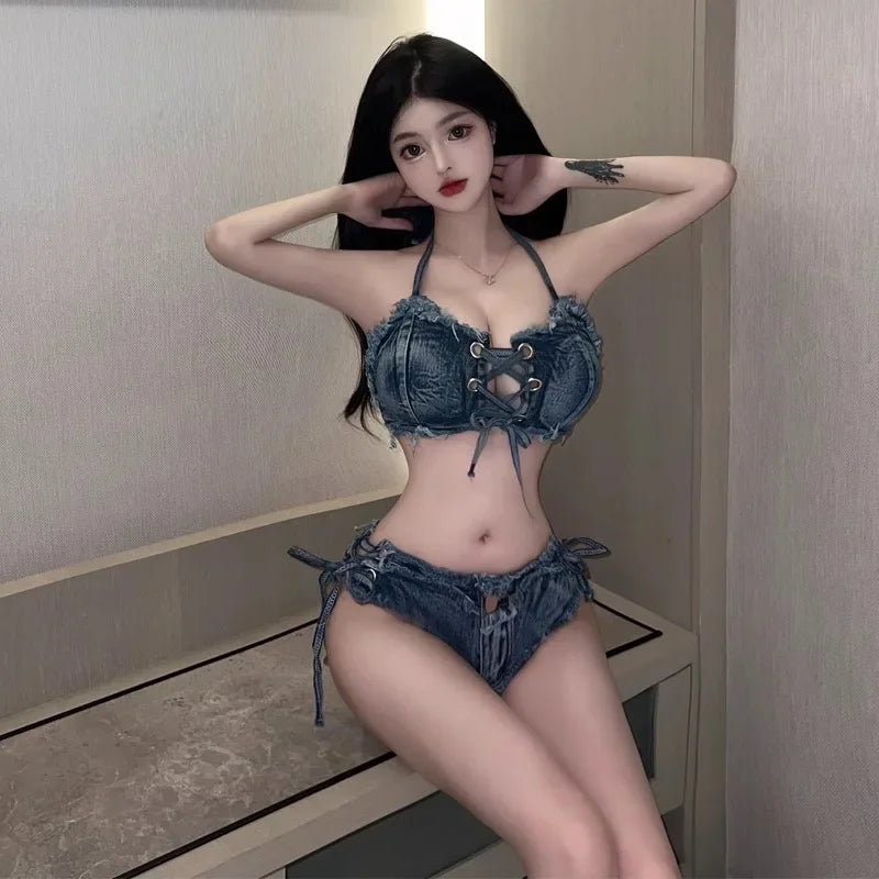 Sexy Denim Halter Crop Top & Belted Shorts Set | Summer Outfit