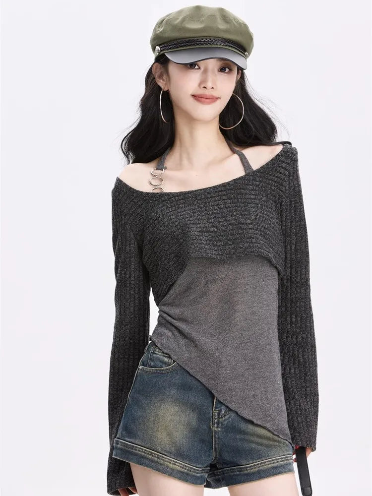 Kimutomo T Shirts Women Contrast Irregular Elegant Slim Fashion Vintage Y2k Aesthetic Harajuku Knitted Tops Ladies Grunge