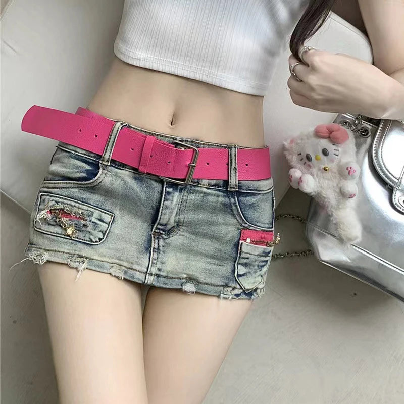 Sexy Y2K Denim Shorts Women Summer Blue Patchwork Low Waist Jeans Mini A-line Skirts Harajuku Vintage Punk
