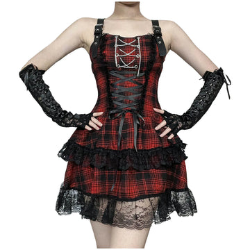 Y2K Gothic Plaid Lace Party Dress | Women's Halloween Style