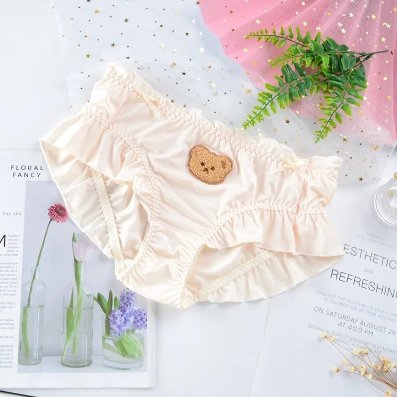 Cute Lovely Sweety Women Japanese Style Princess Lolita Bow Cartoon Bear Embroidery Milk Silk Panties  Underwear