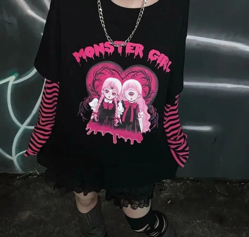 Japanese anime black women's T-shirt early autumn new loose original night style long sleeve hot girl trend women's tops emo