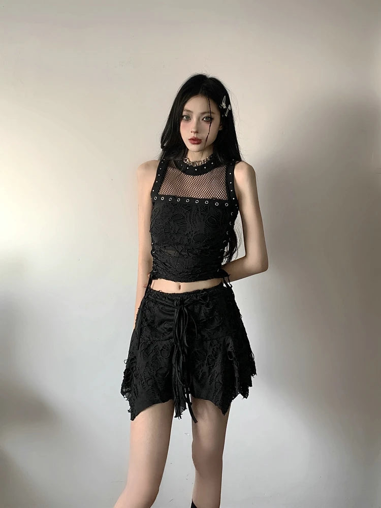 Gothic Y2k 2 Piece Set Hollow Out Lace Spliced Tank Crop Top Women Lace-up Waisted Irregular Mini Skirt 2025 Aesthetic Harajuku