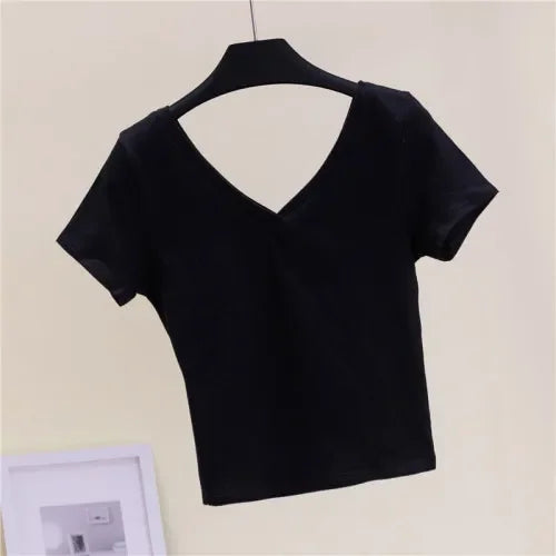 Summer Fashion Solid V Neck T Shirts Women Short Sleeve Sexy Crop Tops Ladies Casual Tees Top Tees Female Black Cotton T-Shirts