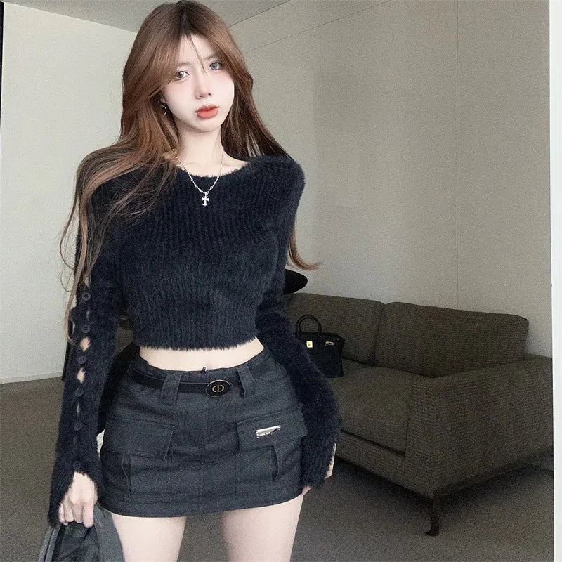 Sexy ort Knitted Sweater Women's Spring Autumn Soft Cozy Design Hole Knitwear Pure Desire Versatile Base Layer ort Top