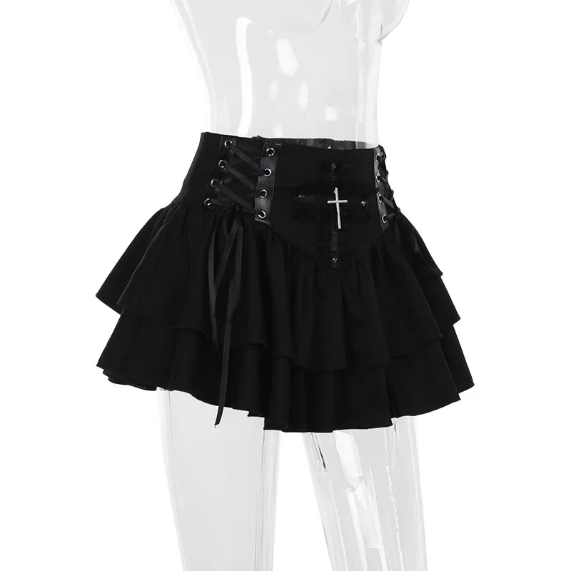 Goth Dark Punk Cross Patchwork Pleated Skirts Mall Gothic Techwear Bottoms Grunge Aesthetic Women Bandage Mini Skirt Alt Clothes
