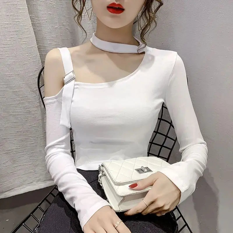 Chic Shoulder Bared Long Sleeve Base Shirt for Women Stylish Slim Fit Trendy Top Casual Loose Style Daily Wear Girl's Fashion