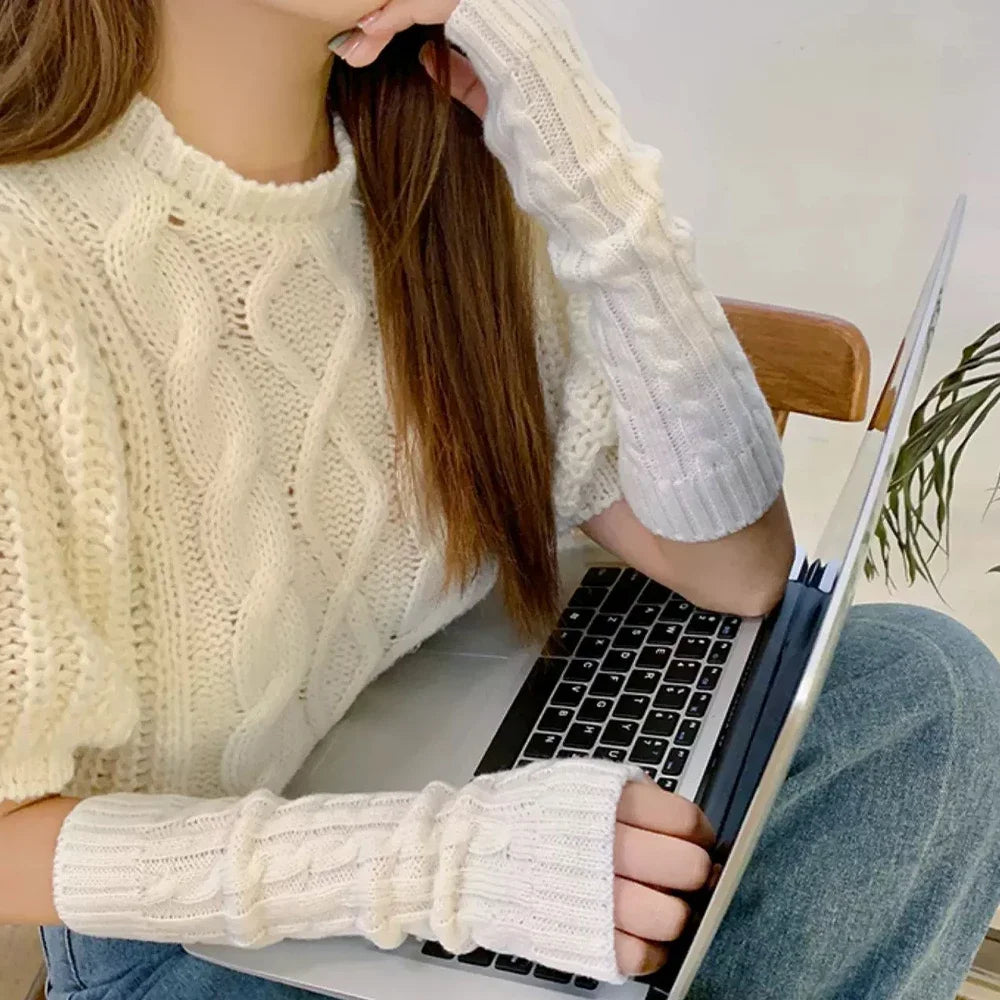 Y2K Knitted Striped Sleeves Gloves Autumn Winter Arm Warmer JK Long Fingerless Solid Colors Gloves Fashion Casual Girls Clothes