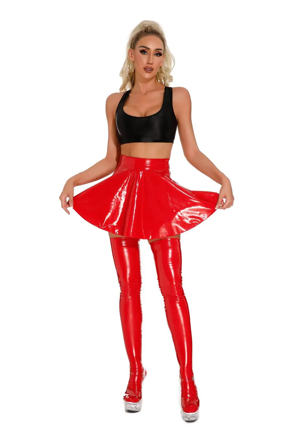 Sexy Women Oil Glossy Shiny Flared Pleated Skirt Wetlook Latex PU Faux Leather Ruffled MINI Skirt Club Stage Wear Dance Wear