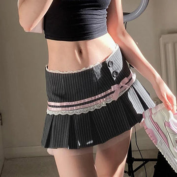Sweet Pink Bow 90s Style Striped Low-Rise Mini Skirt
