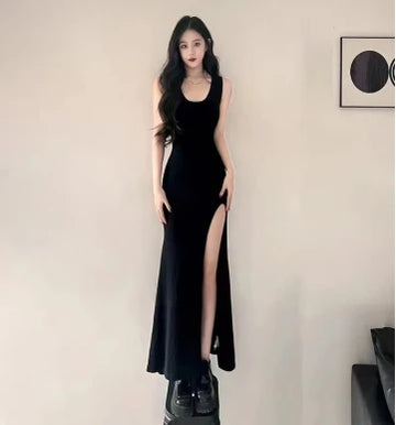 Queen Style Black Split Maxi Dress - Slim Fit Strappy