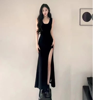 Queen Style Black Split Maxi Dress - Slim Fit Strappy