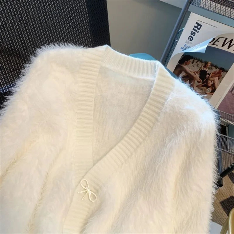 2026 Spring Autumn Women's Sweater Cardigan Jacket New Loose V-neck Imitation Mink Fur Sweater Jacket Female Knitted Tops Coat