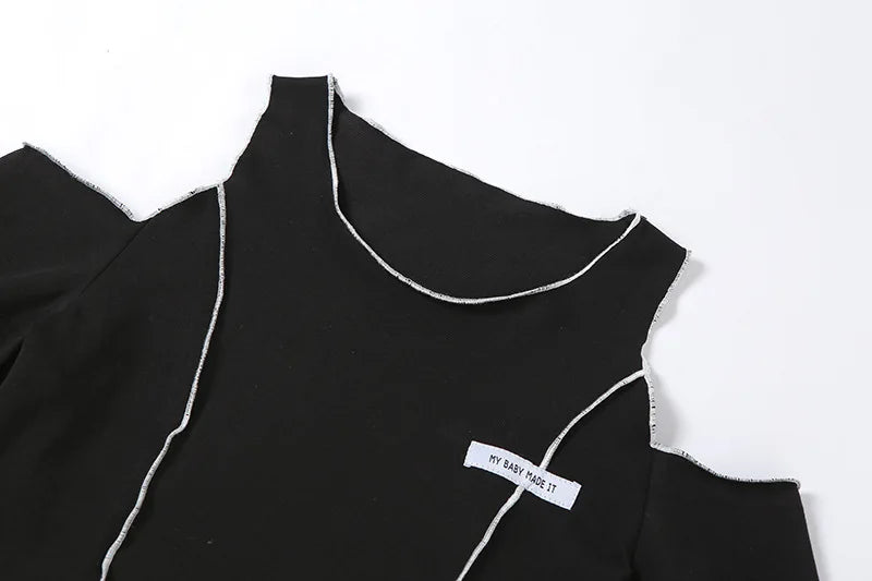 Patchwork Black T-shirts Gothic One Shoulder Sleeve Y2k Crop Tops Ruffles Hem Hip Hop Techwear Women Tees