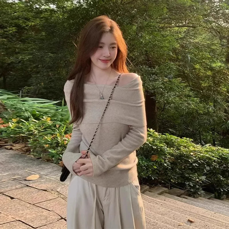 Black Shoulder-Bared Long Sleeve Knitted Sweater Women's Autumn New Style Slim Fit Inner Wear Base Top Korean Style Commute F...